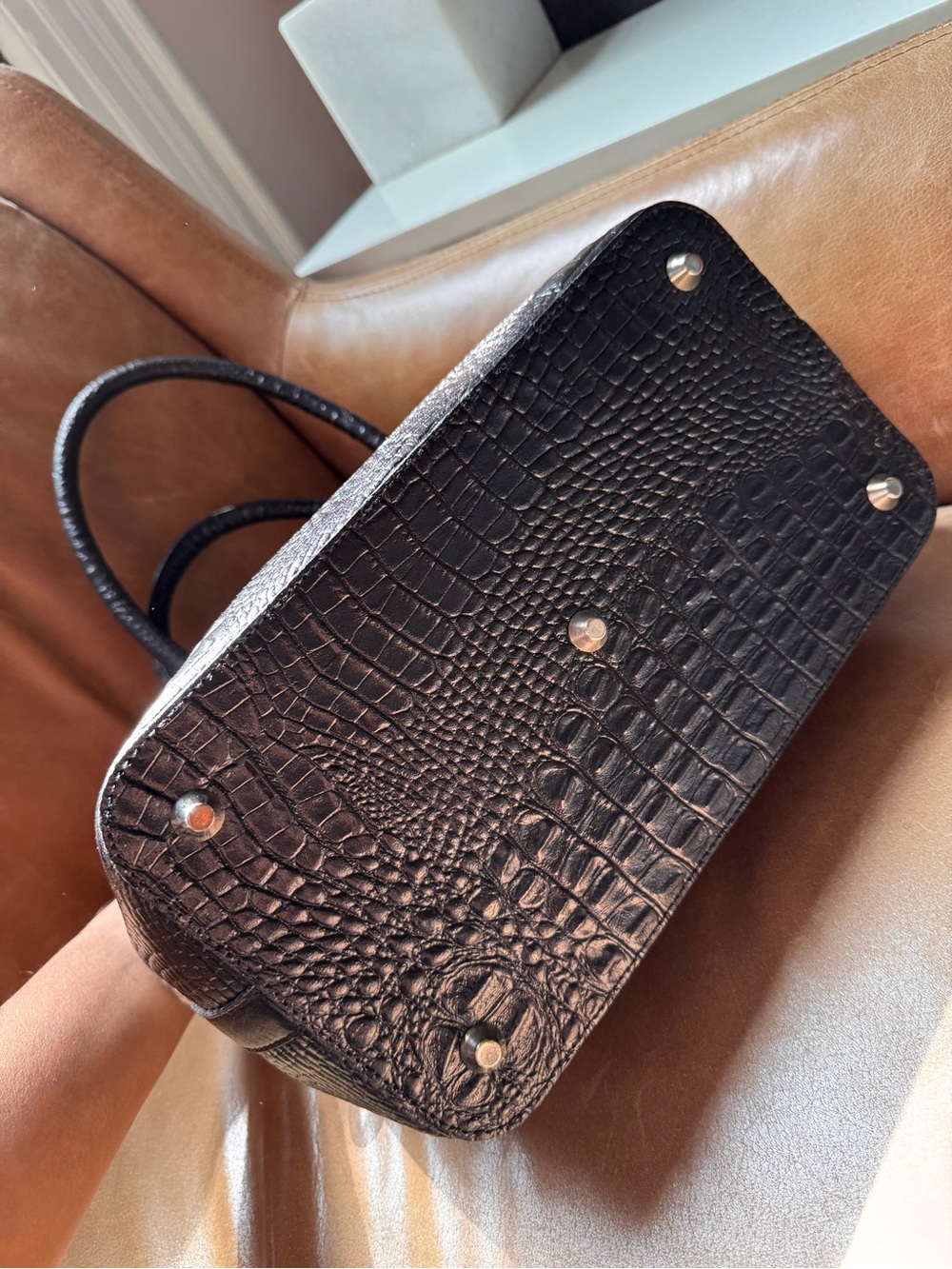 Italian croc embossed leather Classic Structured Tote hardware buckle silver - Picture 10 of 16
